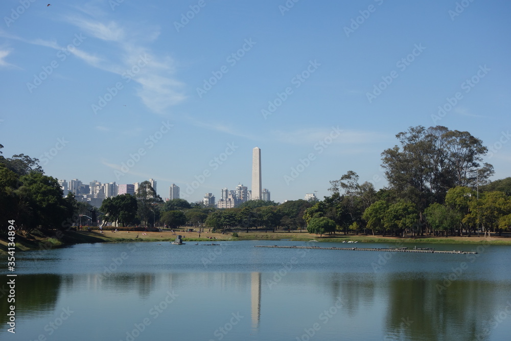 Sao Paulo/Brazil: ibirapuera park lake and obelisk