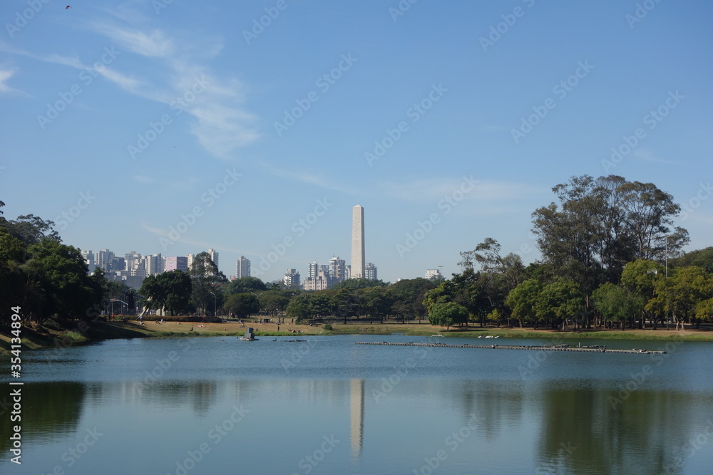 Sao Paulo/Brazil: ibirapuera park lake and obelisk Sao Paulo/Brazil: ibirapuera park lake and obelisk