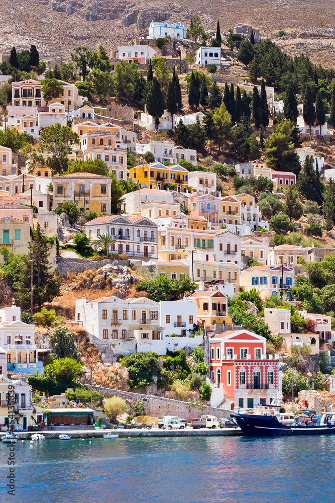 Colorful houses in island Simi, near island Rhodos, Greece