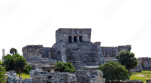 Front view of the highest temple castle  situated in the ancient Mayan city of Tulum in Quintana Roo  Mexico.