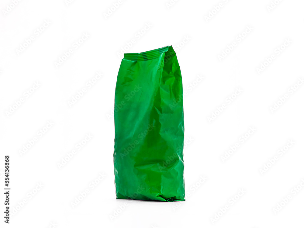 Crumpled blank foil bag packaging isolated on white background.