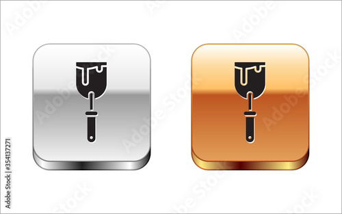 Black Putty knife icon isolated on white background. Spatula repair tool. Spackling or paint instruments. Silver-gold square button. Vector Illustration.