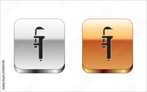 Black Calliper or caliper and scale icon isolated on white background. Precision measuring tools. Silver-gold square button. Vector Illustration.