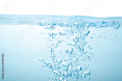 Animated bubbles in clear blue water splash on white background