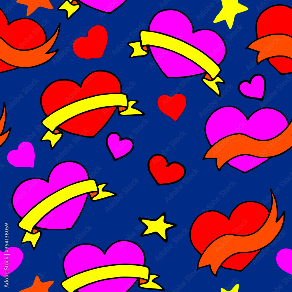 seamless pattern with doodle elements, stylized hearts with ribbons in bright colors, romantic ornament for wallpaper and fabric, wrapping paper