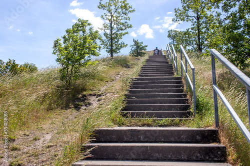 Panorama view over the Ruhr area North Rhine Westphalia Gelsenkirchen  Stairs ro the Coal Stockpil