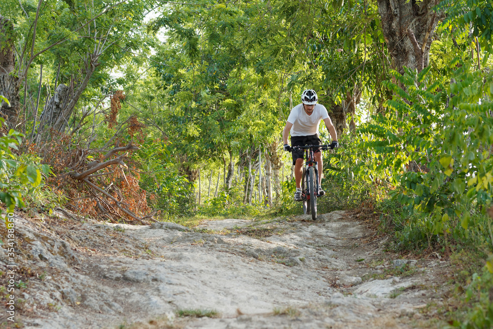 Front view of The cyclist is riding on mountain bike on rocks trail in forest. Summertime. Copy space.