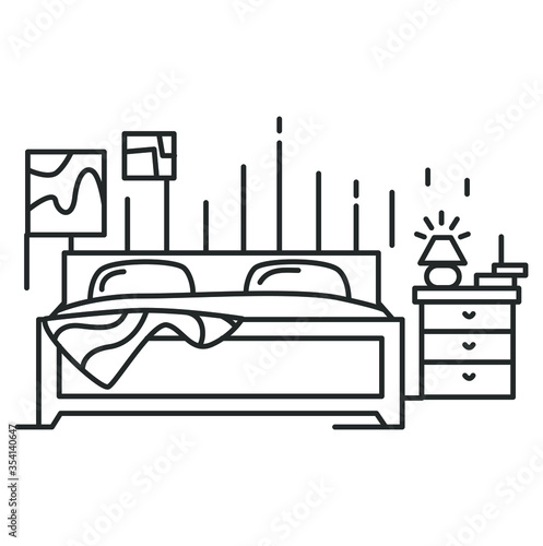 Bedroom interior line icon. Thin line icon with double bed and nightstand in sleeping room. Comfortable bedding and furniture. Home interior and lifestyle. Linear vector illustration.Editable stroke
