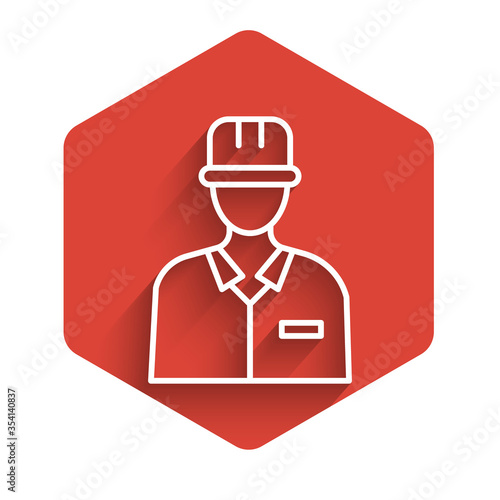 White line Oilman icon isolated with long shadow. Red hexagon button. Vector Illustration.