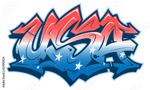 USA lettering in readable graffiti style in red white and blue colors. Vector banner isolated on white.