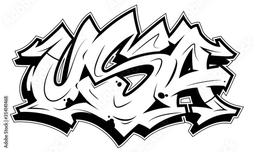USA lettering in readable graffiti style. Outline vector banner isolated on white.