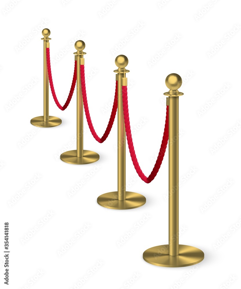 Golden column barrier with red rope. Gold luxury VIP design element for exhibition pavilion, auto show, theatre and cinema premier, winner reward ceremony. Guard object isolated on white background. Golden column barrier with red rope. Gold luxury VIP design element for exhibition pavilion, auto show, theatre and cinema premier, winner reward ceremony. Guard object isolated on white background.