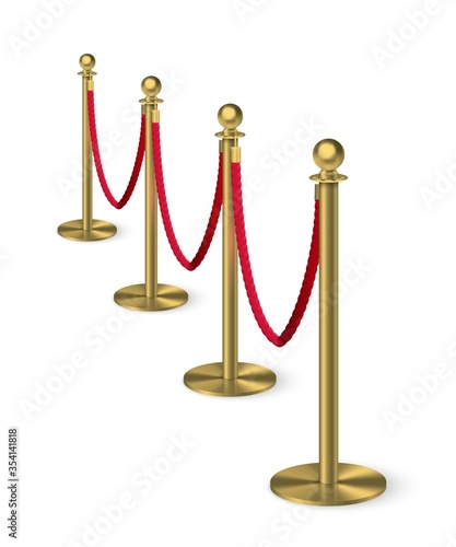 Golden column barrier with red rope. Gold luxury VIP design element for exhibition pavilion, auto show, theatre and cinema premier, winner reward ceremony. Guard object isolated on white background.
