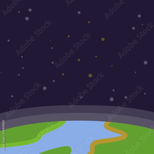 Space. Earth orbit. Sky and the universe with stars. Exploring the world. Space object. Flat cartoon illustration