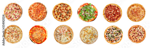 Fresh tasty pizza collage set on white background. Big set of pizzas. Top view