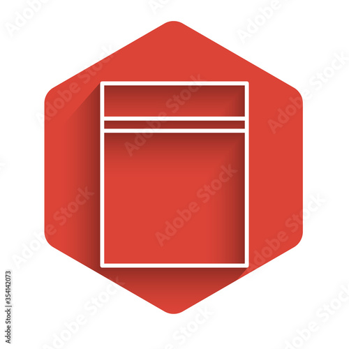 White line Plastic bag with ziplock icon isolated with long shadow. Red hexagon button. Vector Illustration.