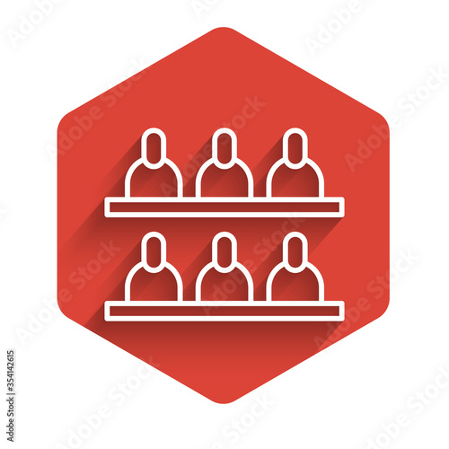 White line Jurors icon isolated with long shadow. Red hexagon button. Vector Illustration.
