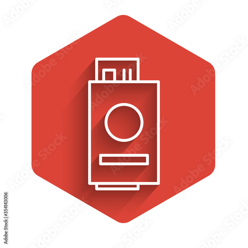 White line Passport with ticket icon isolated with long shadow. Identification Document. Concept travel and tourism. Red hexagon button. Vector Illustration.