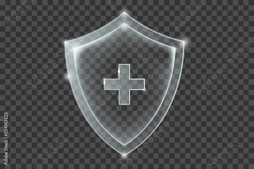 Transparent shiny shield with plus sign inside. Realistic protection sign. White security plate with reflections and light sparkles. Vector illustration isolated on transparent background.