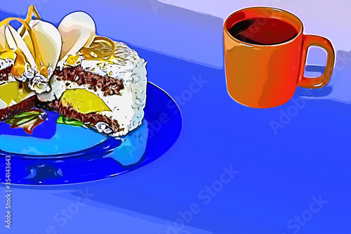 Creamy cake with a piece cut out with clices if oranges on blue plate and cup of tea coffee, isolated. Copy space. photo