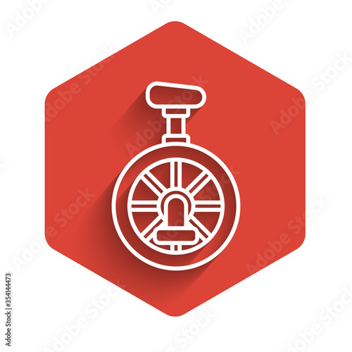 White line Unicycle or one wheel bicycle icon isolated with long shadow. Monowheel bicycle. Red hexagon button. Vector Illustration.