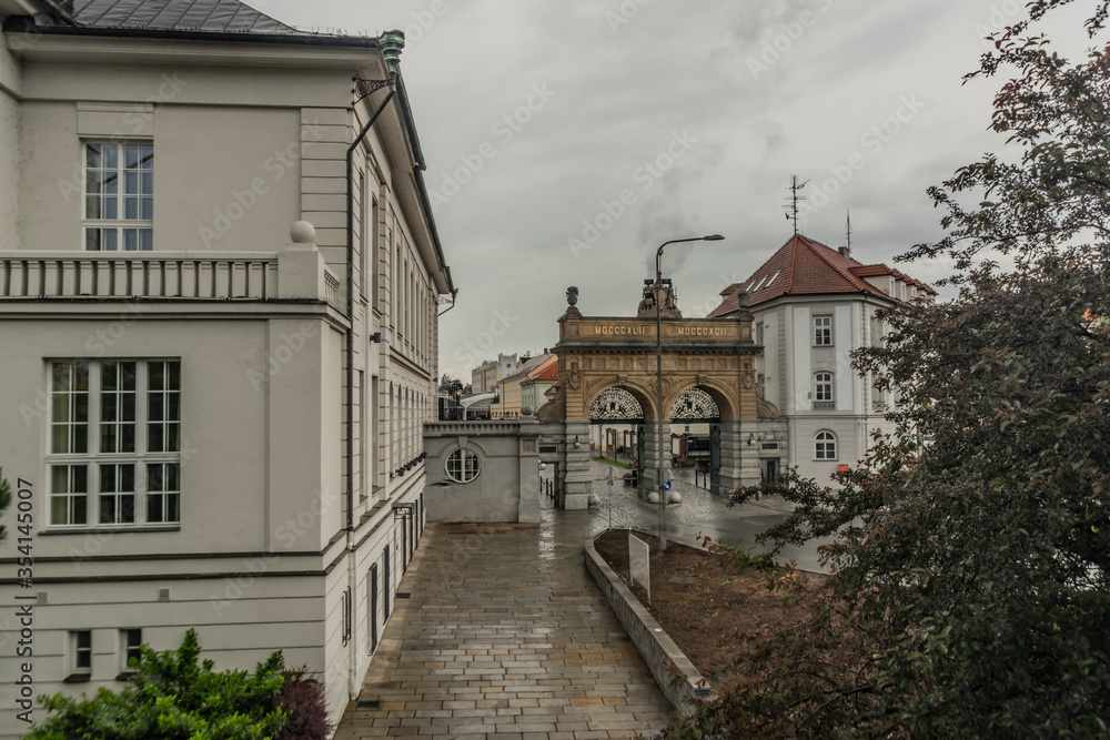 Obraz premium Old building of brewery with gate in Pilsen city in west Bohemia