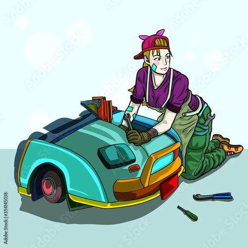 mechanic girl repairing the car colorful