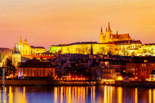View of Prague Castle and Vltava river in Prague  Czech Republic during sunset time. World famous landmark in Europe.