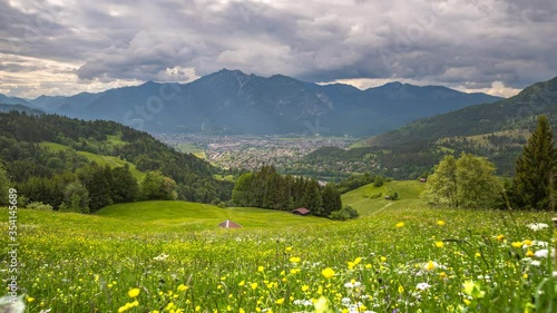 Garmisch partenkirchen skyline aerial view from top, bavarian nature landscapes uhd 4k video. photo