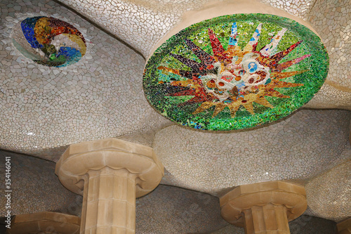 Mosaics on the ceiling of the Chamber of Hundred Columns in Guell Park, Barcelona, Spain