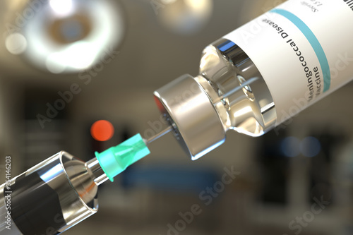 Medical bottle with meningococcal disease vaccine and syringe, 3D rendering photo