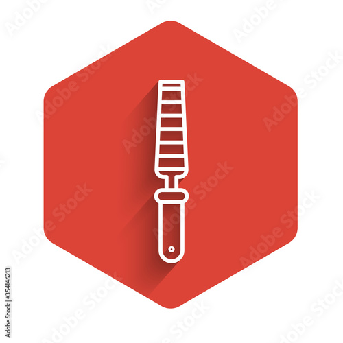 White line Chisel tool for wood icon isolated with long shadow. Red hexagon button. Vector Illustration.