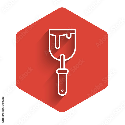 White line Putty knife icon isolated with long shadow. Spatula repair tool. Spackling or paint instruments. Red hexagon button. Vector Illustration.