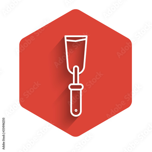 White line Putty knife icon isolated with long shadow. Spatula repair tool. Spackling or paint instruments. Red hexagon button. Vector Illustration.