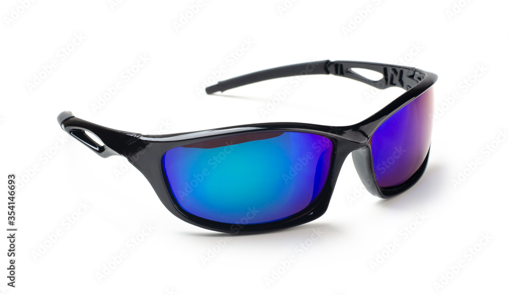 Black sunglasses with multicolor mirror lens isolated