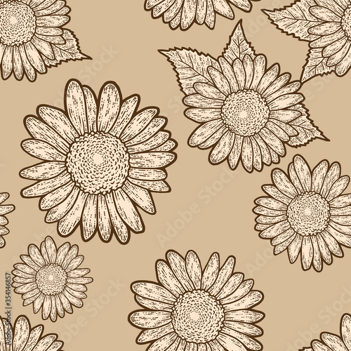 Seamless pattern. Decorative flower of a sunflower. Sketch scratch board imitation.