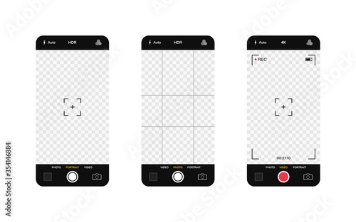 Phone camera interface. Mobile app application. Photo and video shooting. Vector illustration graphic design