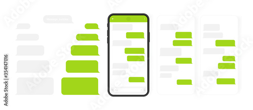 Social media design concept. Smart Phone with carousel style messenger chat screen. Sms template bubbles for compose dialogues. Modern vector illustration flat style