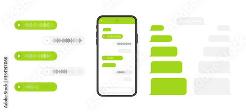 Social media design concept. Smart Phone with messenger chat screen and voice wave. Sms template bubbles for compose dialogues. Modern vector illustration flat style