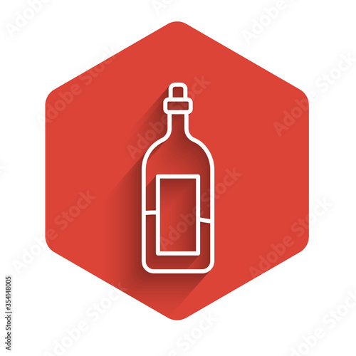 White line Bottle of wine icon isolated with long shadow. Red hexagon button. Vector Illustration.