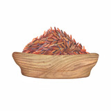 Red rice in wooden bowl. Watercolor hand drawn painting illustration isolated on a white background.