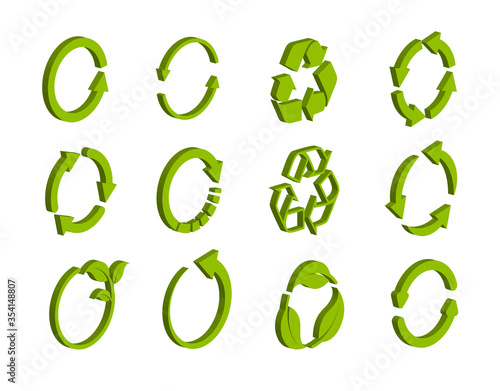 Isometric recycling icon collection. Vector set of green circle arrows isolated on white background. Rotate arrow and spinning loading symbol. Eco logo 3d concept.