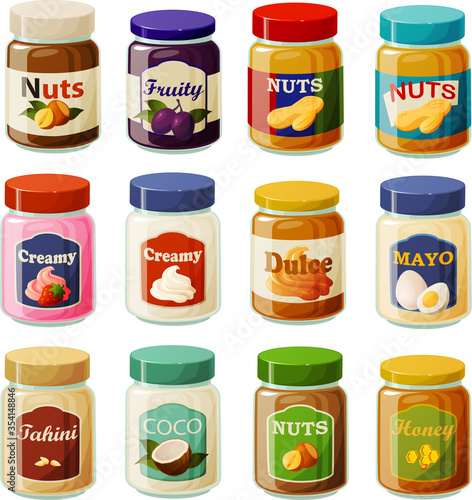 Vector illustration of various breakfast bread and sandwich spread condiments isolated on white background