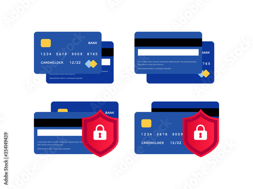 Credit card icon set. Electronic payment protection, security concept. Secure online transaction. Flat collection plastic card front and back, shield with lock. Internet safety vector illustration