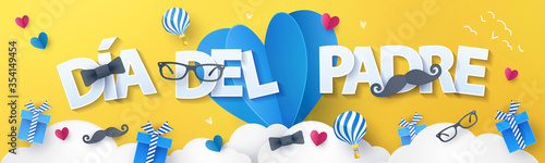 Happy Father's Day greeting design in spanish with origami hearts, air balloons, gifts, mustache, glasses, bow tie. Holiday illustration for greeting card, banner, social media, sale, advertising, web