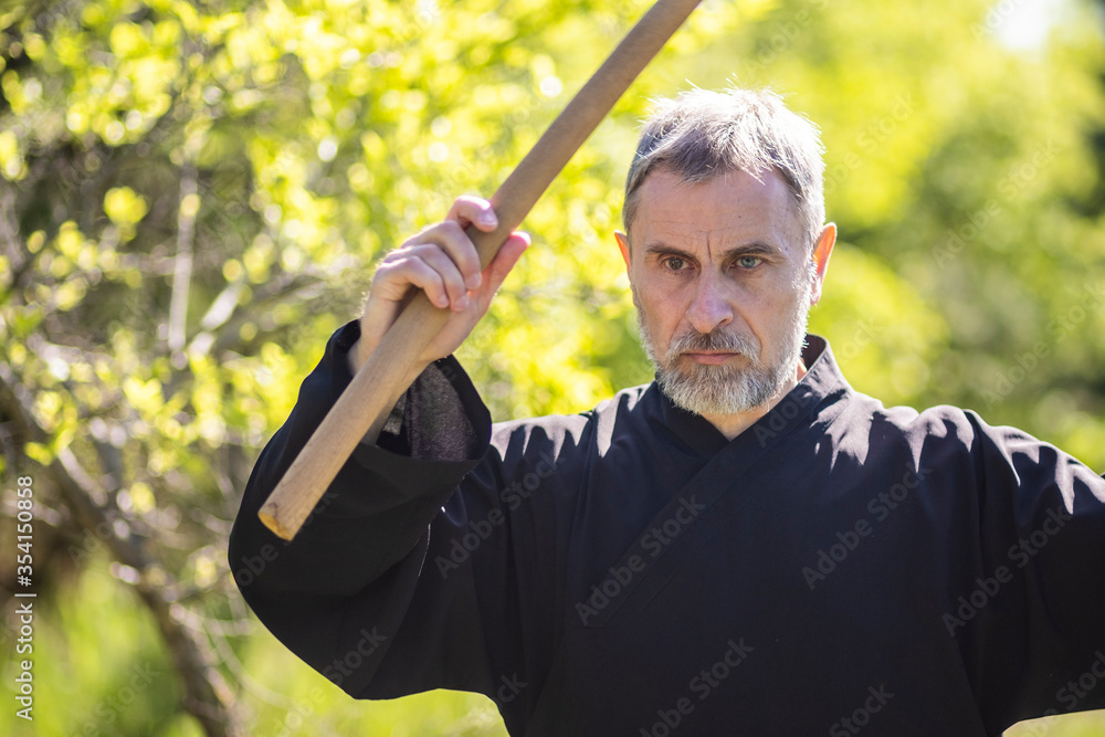 Adult kung fu master practicing Wushu with a stick in the Park Adult kung fu master practicing Wushu with a stick in the Park