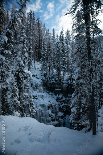 Maligne canyon covered in snow and ice in the winter in alberta