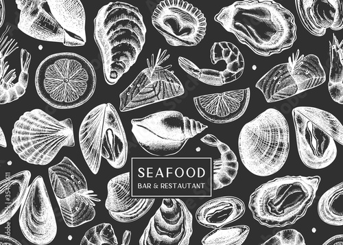 Vector background on chalkboard with hand drawn shellfish illustrations - clams, oysters, mussels, shrimps sketches. Seafood flyer design. Vintage sea food menu template. 