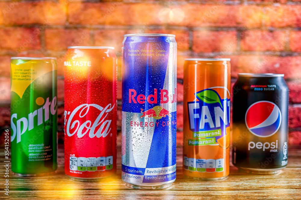 A can, tin of fresh Coca Cola, red bull, sprite, pepsi, fanta drink