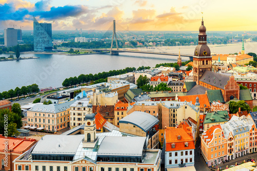 Panoramic view of the city of Riga, Latvia from the tower Church of St. Peter during sunset in summer.